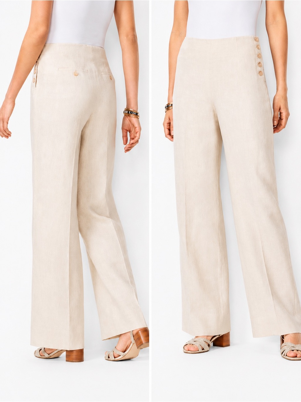 Talbots Linen Wide Leg Pants Beige High Rise Side Button Size 14 100% Linen